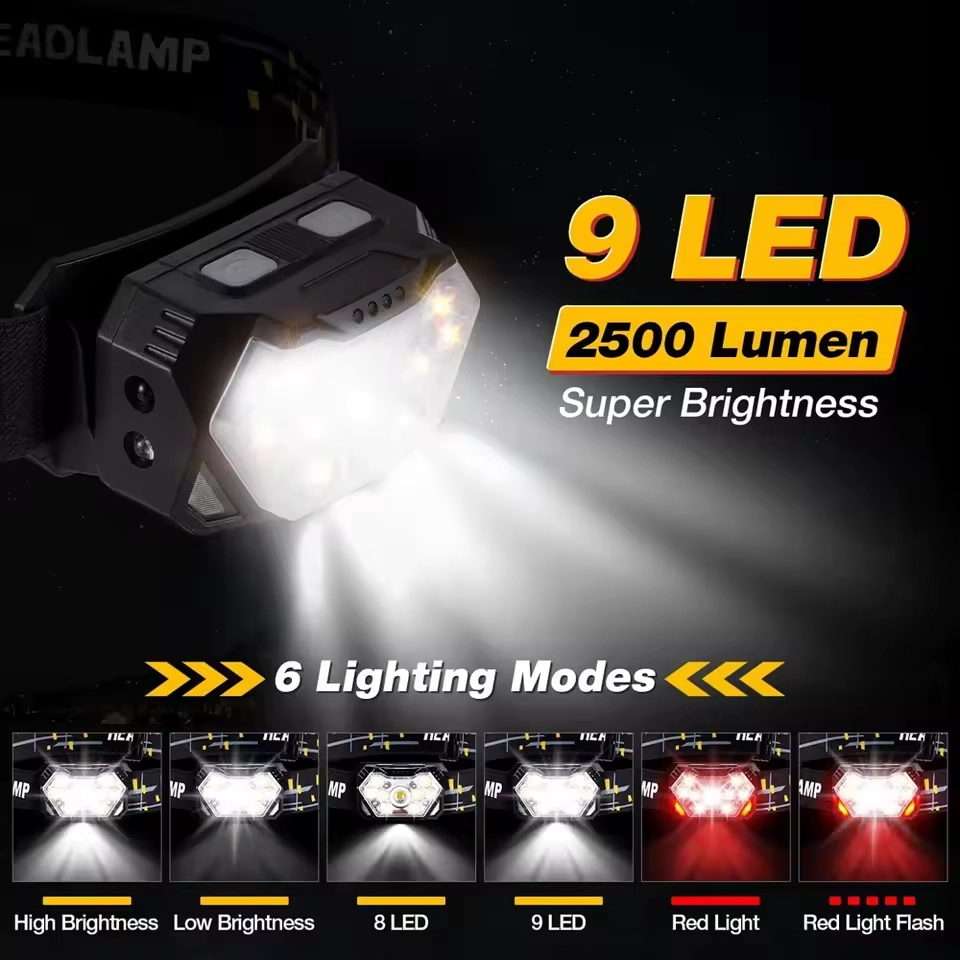 Linterna frontal de 9 luces Led